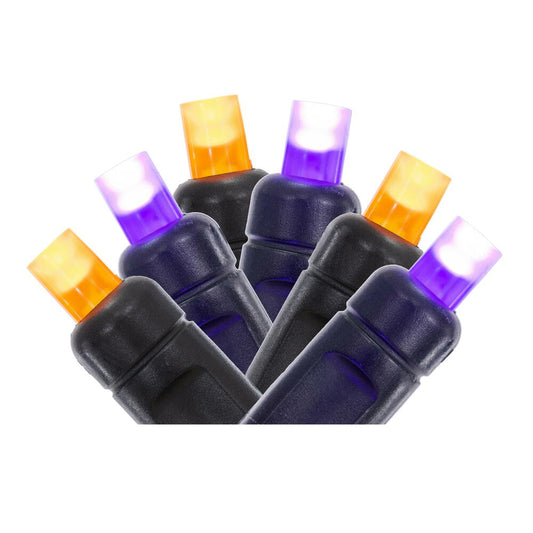 Vickerman 50  Orange-Purple Wide Angle Single Mold End-Connecting LED Light Set with 22 Gauge Black Wire, 3"x 4"x 3" Spacing, 16' Long Christmas Light Strand. This light set has the ability to connect to as many as 45 sets. 4.8 watts, .04 Amps. Color Head