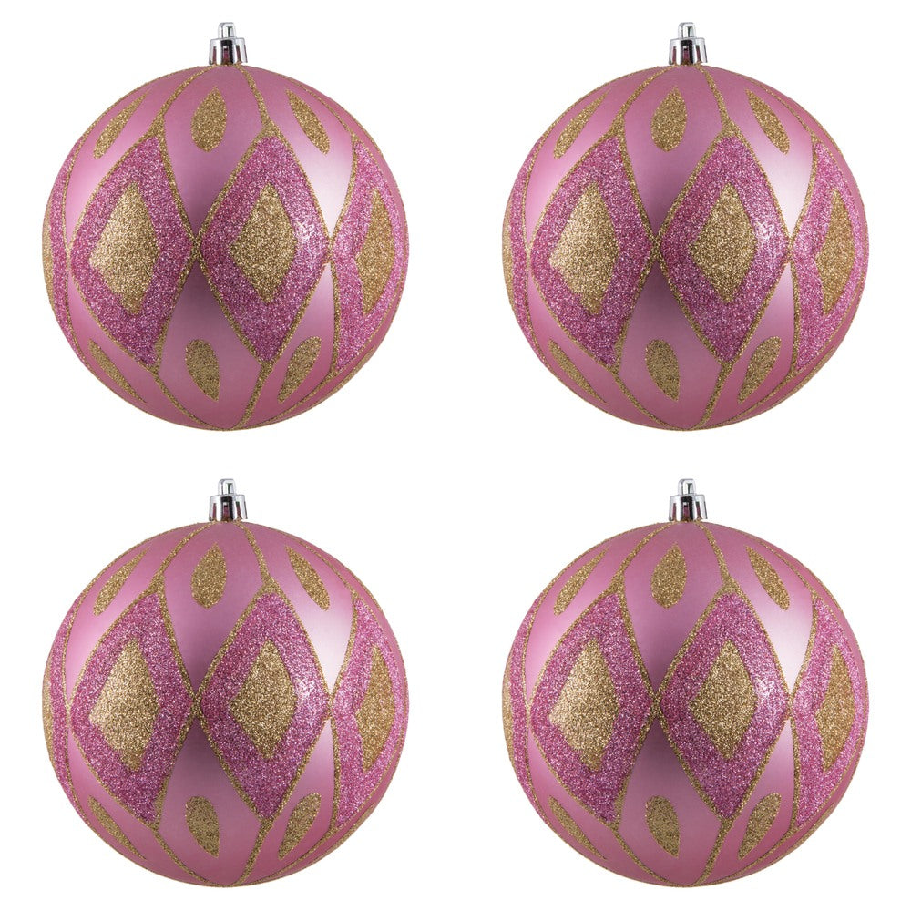 Vickerman 4.75" Pink Matte Ball with Glitter Diamond Pattern. Add variety and sparkle to your holiday arrangement with this matte ornament that features a glitter pattern. Includes 4 pieces per bag. Made with shatterproof plastic. Ornament has a drilled c