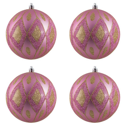 Vickerman 4.75" Pink Matte Ball with Glitter Diamond Pattern. Add variety and sparkle to your holiday arrangement with this matte ornament that features a glitter pattern. Includes 4 pieces per bag. Made with shatterproof plastic. Ornament has a drilled c