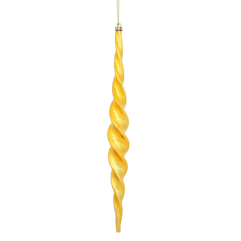 Vickerman 14.6" Antique Gold Shiny Spiral Icicle Ornament with drilled and wired caps. Comes 2 per Box.