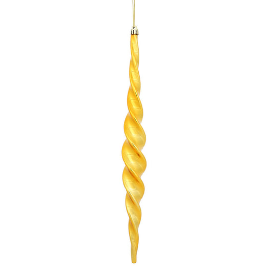 Vickerman 14.6" Antique Gold Shiny Spiral Icicle Ornament with drilled and wired caps. Comes 2 per Box.