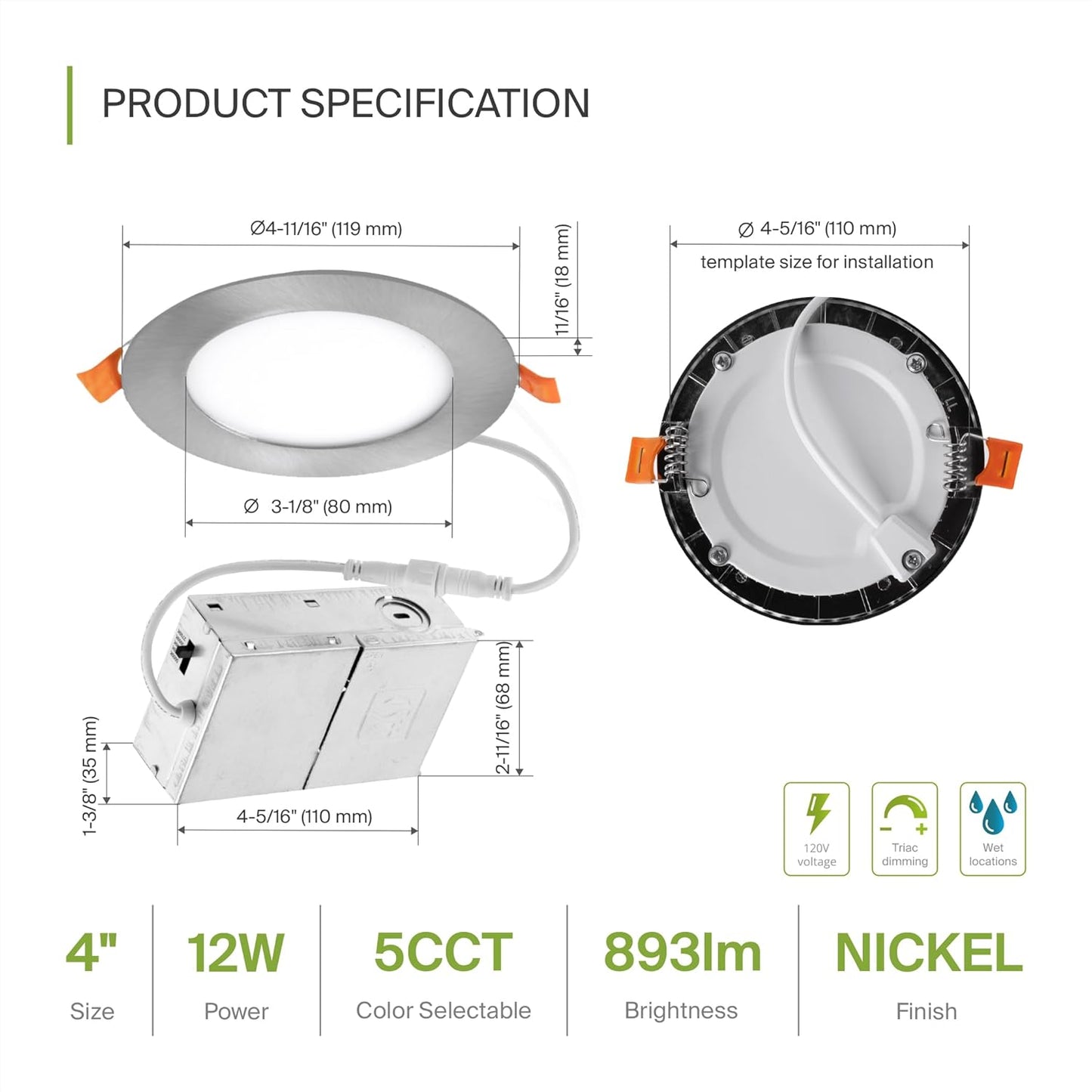 ASD Lighting LED Round Recessed Mini Panel 4" 12W 120V Dimmable CCT Selectable 2700/3000/3500/4000/5000K Brushed Nickel UL Energy Star 6pack