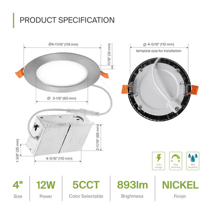 ASD Lighting LED Round Recessed Mini Panel 4" 12W 120V Dimmable CCT Selectable 2700/3000/3500/4000/5000K Brushed Nickel UL Energy Star 6pack