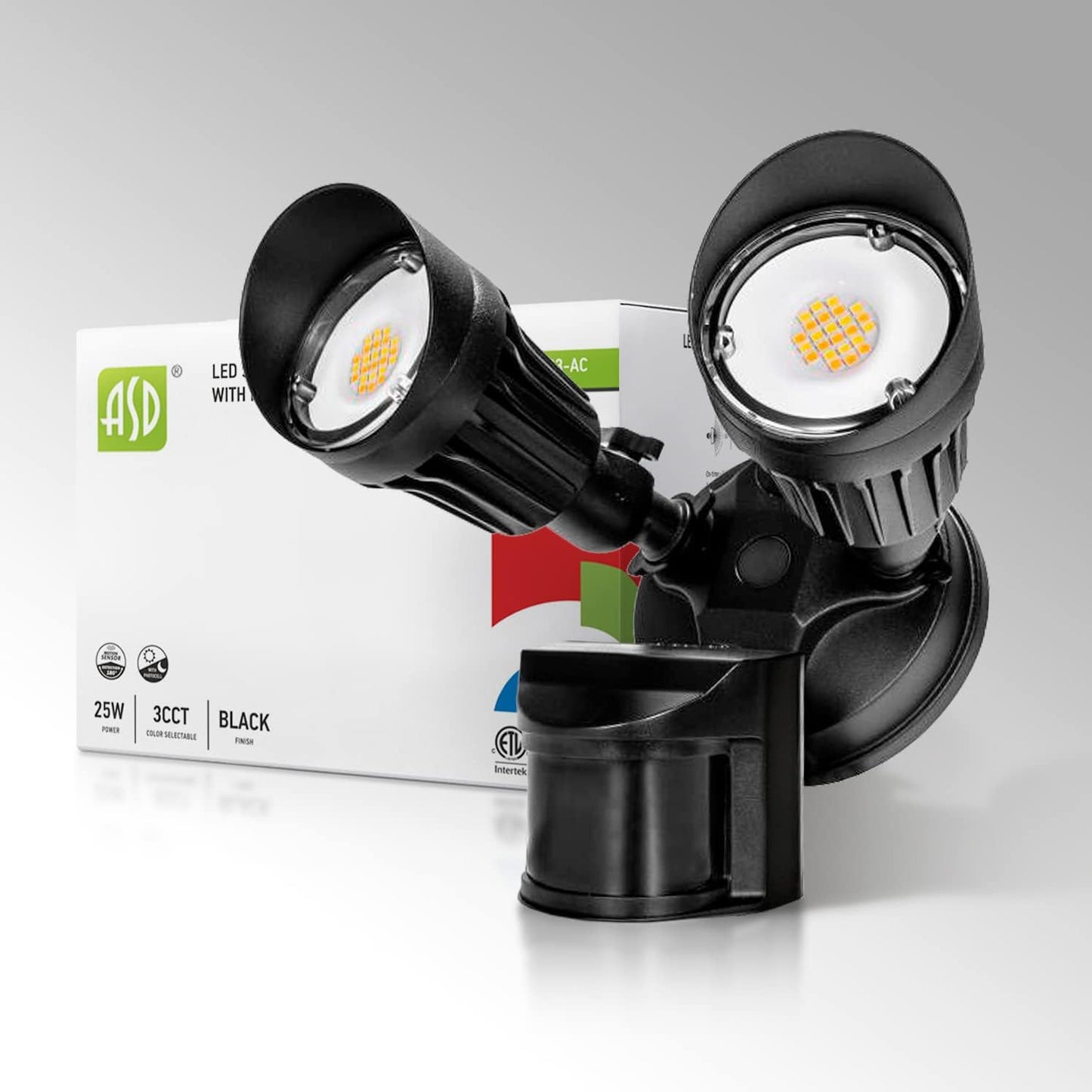 ASD Lighting LED Security Floodlight DOB 2 round heads 25W CCT Selectable 3000/4000/5000K with 180° Motion Sensor and Photocell Black ETL