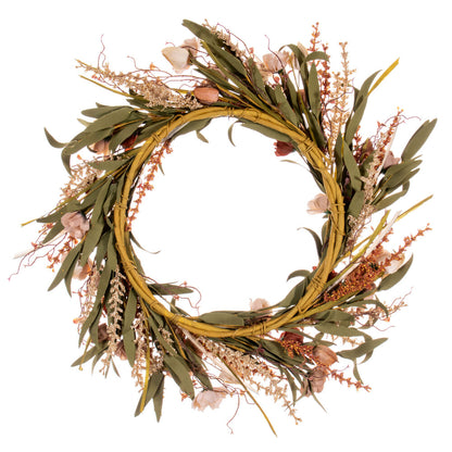 Vickerman 20" Brown and Cream Artificial Carnation and Chinese Lantern Wreath.