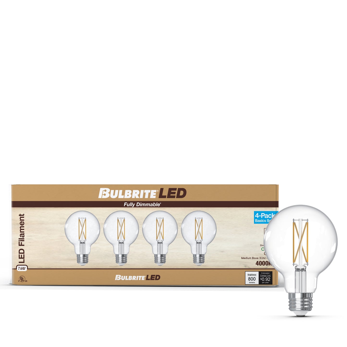 Bulbrite 776241 LED Filament Pack of 4, 7.6 Watt Dimmable G25 Light Bulb with Clear Finish and Medium Screw E26 Base - 4000K(Cool White Light), 800 lumens