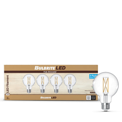 Bulbrite 776241 LED Filament Pack of 4, 7.6 Watt Dimmable G25 Light Bulb with Clear Finish and Medium Screw E26 Base - 4000K(Cool White Light), 800 lumens