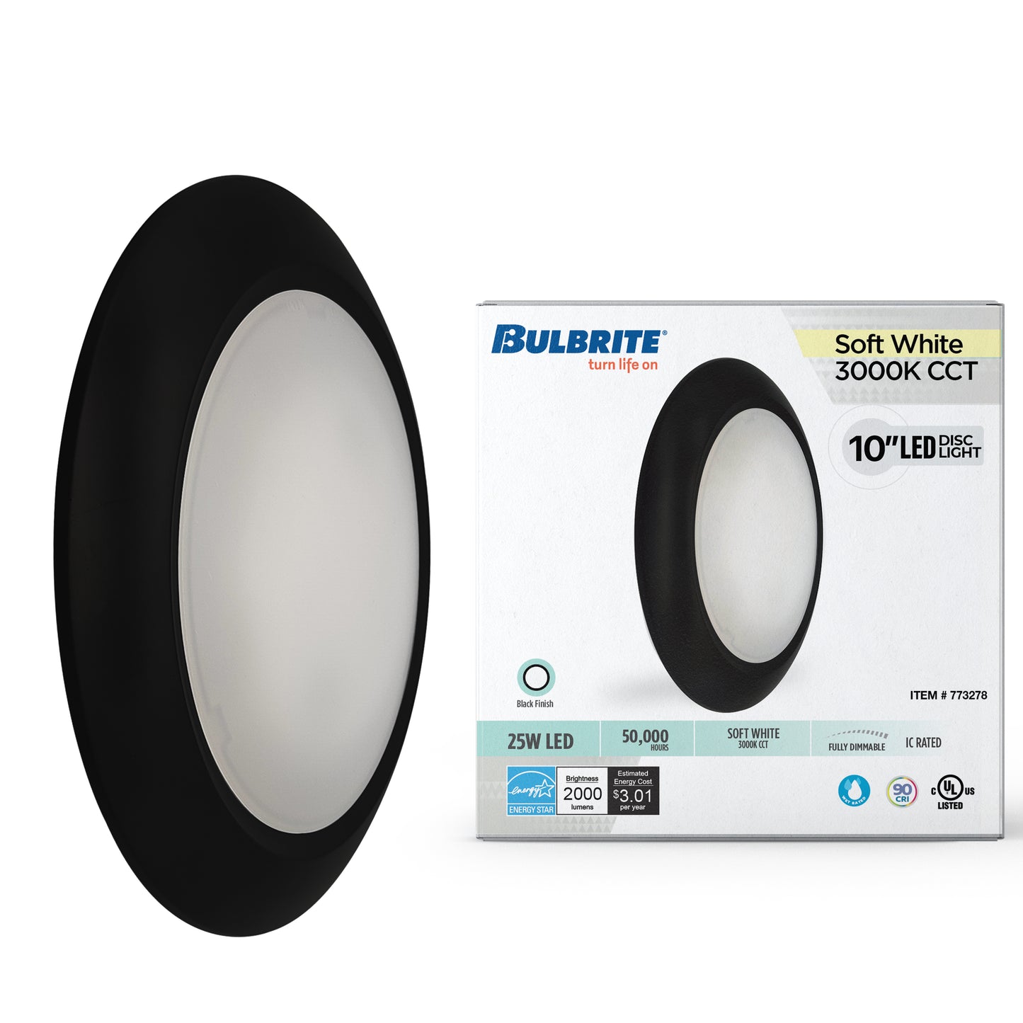 Bulbrite 773278 25-Watt LED 10" Disc, 3000K, 2000 Lumens, Black Finish
