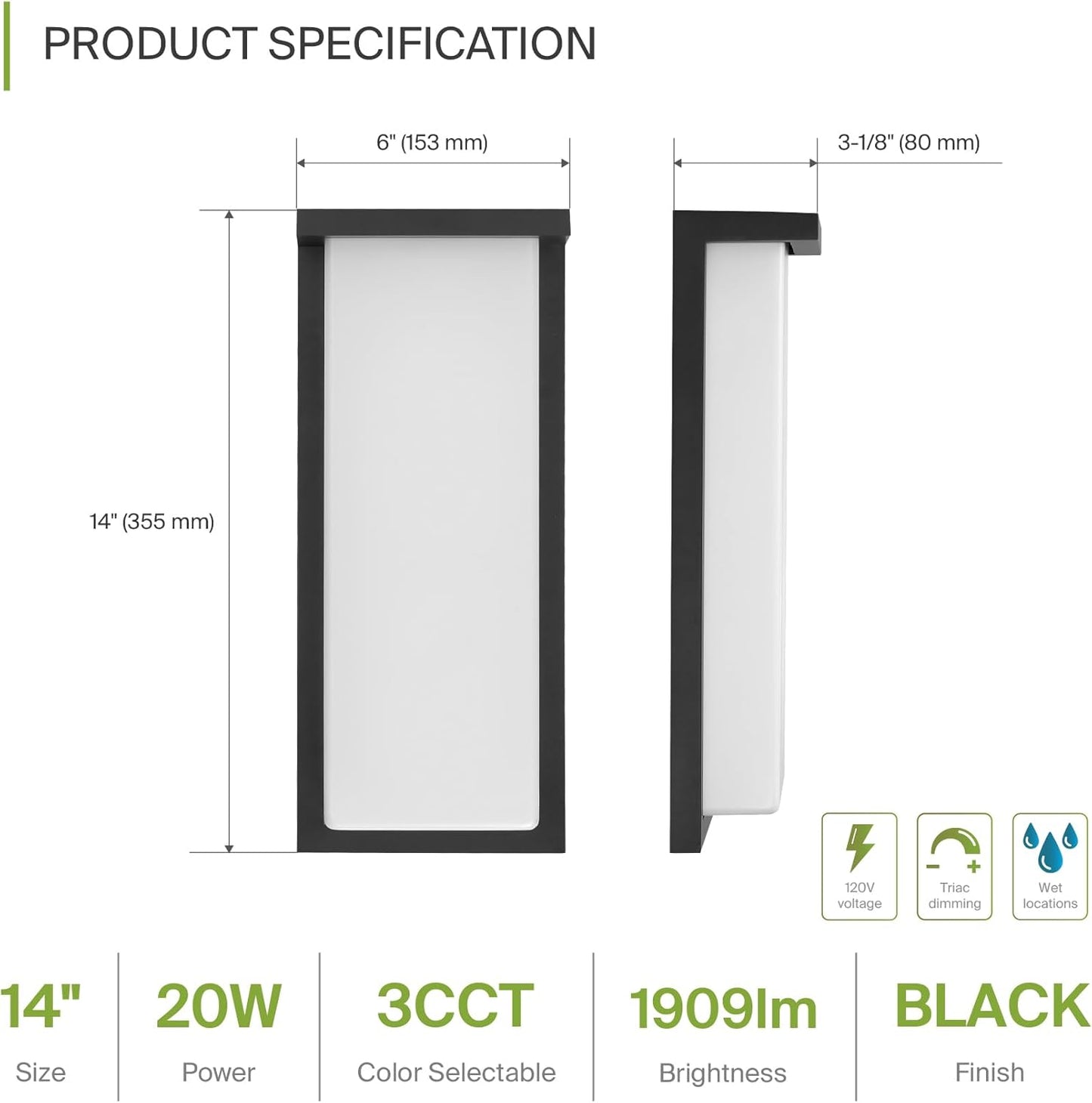 ASD Lighting LED Outdoor Wall Sconce 14" 20W 120V CCT Selectable 3000/4000/5000K Dimmable Black ETL