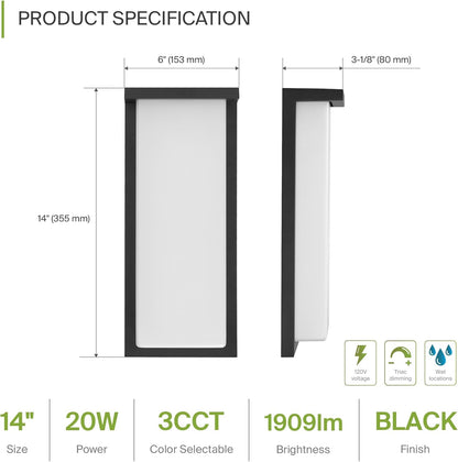 ASD Lighting LED Outdoor Wall Sconce 14" 20W 120V CCT Selectable 3000/4000/5000K Dimmable Black ETL