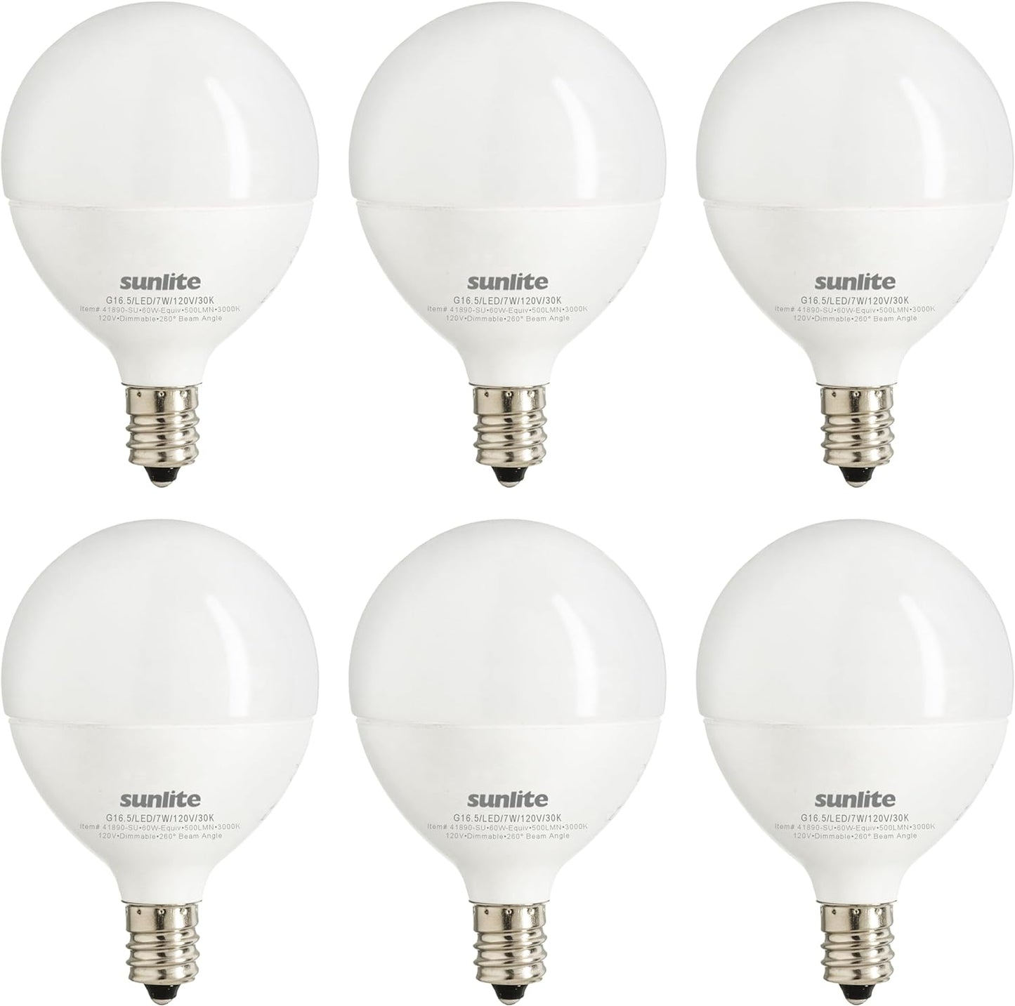 Sunlite LED G16.5 Frosted Globe Light Bulb, 7 Watts (60W Equivalent), 500 lumens, Dimmable, Candelabra Base (E12), 120 Volts, ETL Listed, 260 Degree Beam Angle, 3000K Warm White, 6 Pack