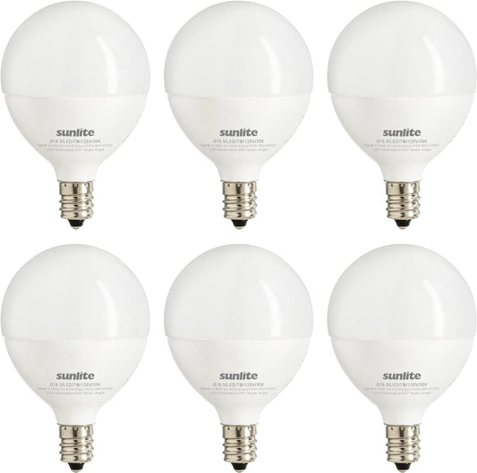 Sunlite LED G16.5 Frosted Globe Light Bulb, 7 Watts (60W Equivalent), 500 lumens, Dimmable, Candelabra Base (E12), 120 Volts, ETL Listed, 260 Degree Beam Angle, 3000K Warm White, 6 Pack