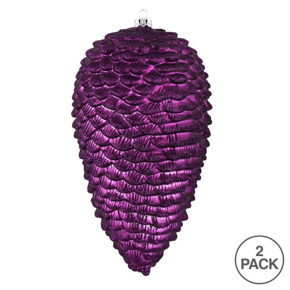 Vickerman 10" Plum Matte Glitter Pinecone Christmas Ornament Pack of 2