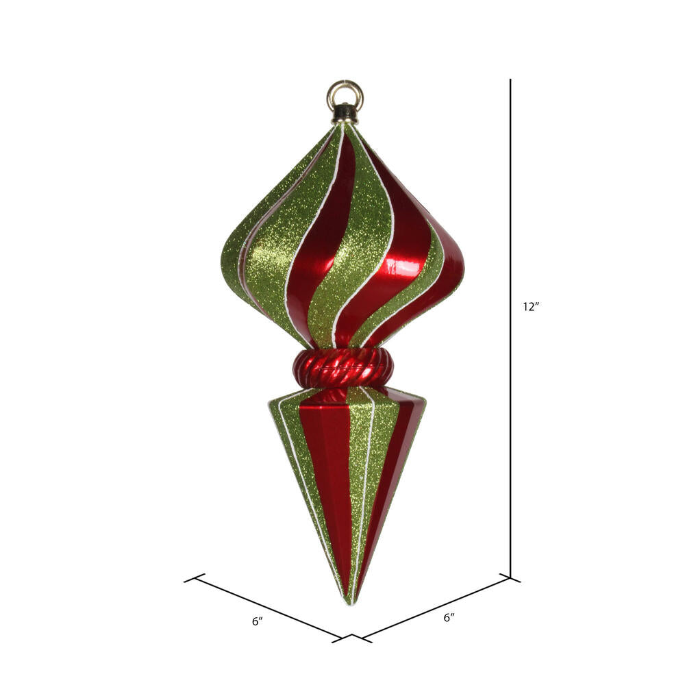 Vickerman 12" Red and Lime Striped Shiny Diamond Finial Ornament with Glitter Accents