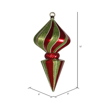 Vickerman 12" Red and Lime Striped Shiny Diamond Finial Ornament with Glitter Accents