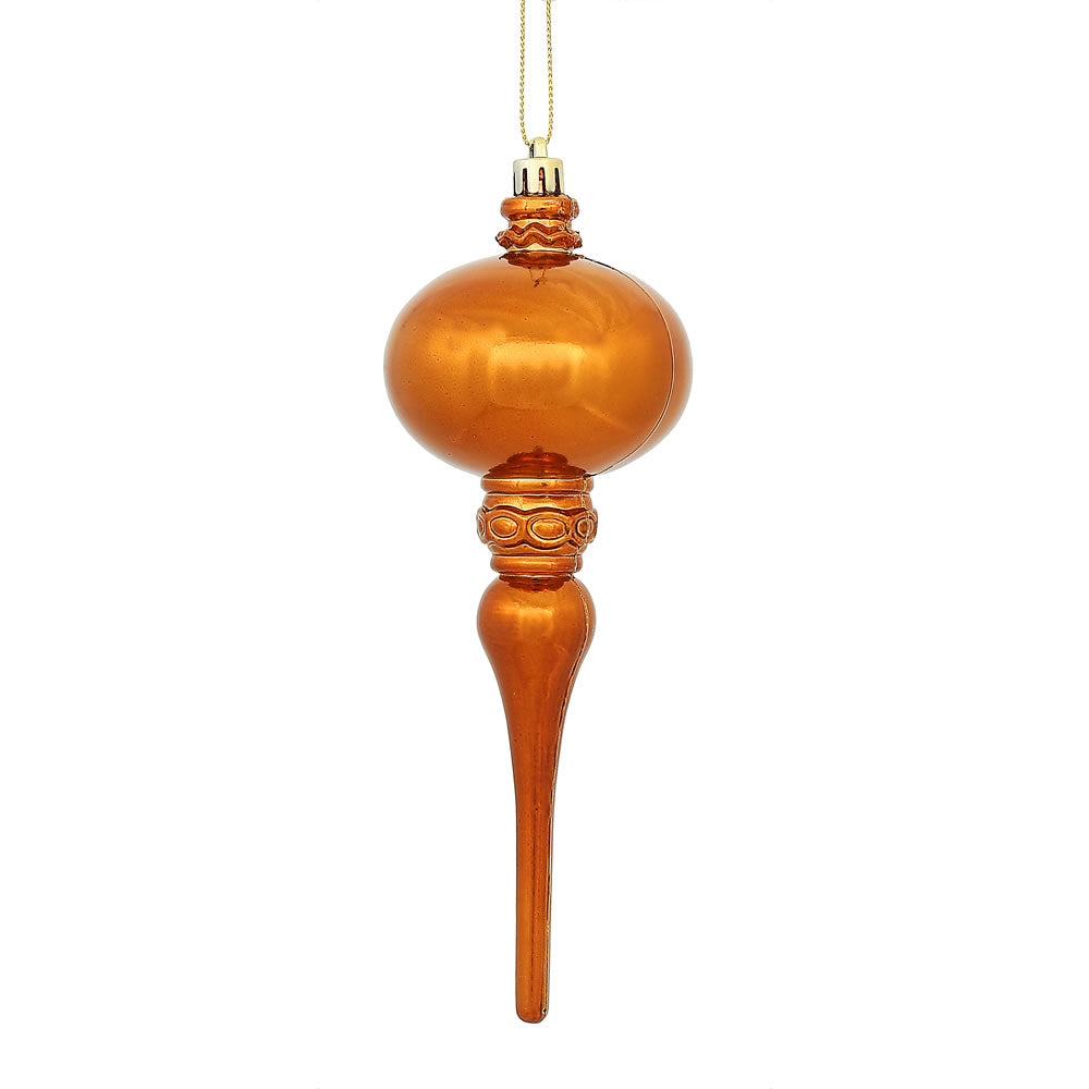 Vickerman 8" x 2.75" Copper Shiny Finial Ornament with drilled and wired caps. Comes 3 per Bag.