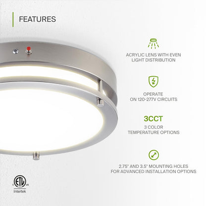 ASD Lighting LED Double Ring Flushmount 14inch 21W 120-277V Triac 3000/4000/5000K with Battery Back-up 12W Nickel ETL