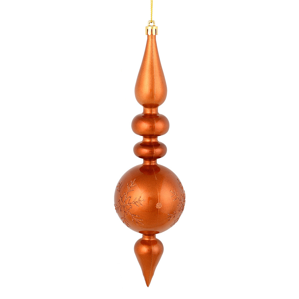 Vickerman 10 by 2.4" Copper Candy Glitter Snowflake Finial 4/Bag. Add some sparkle and shine to your holiday decorating projects with this 10 inch finial ornament. Made with shatterproof plastic. Ornament has a drilled cap secured with green floral wire.