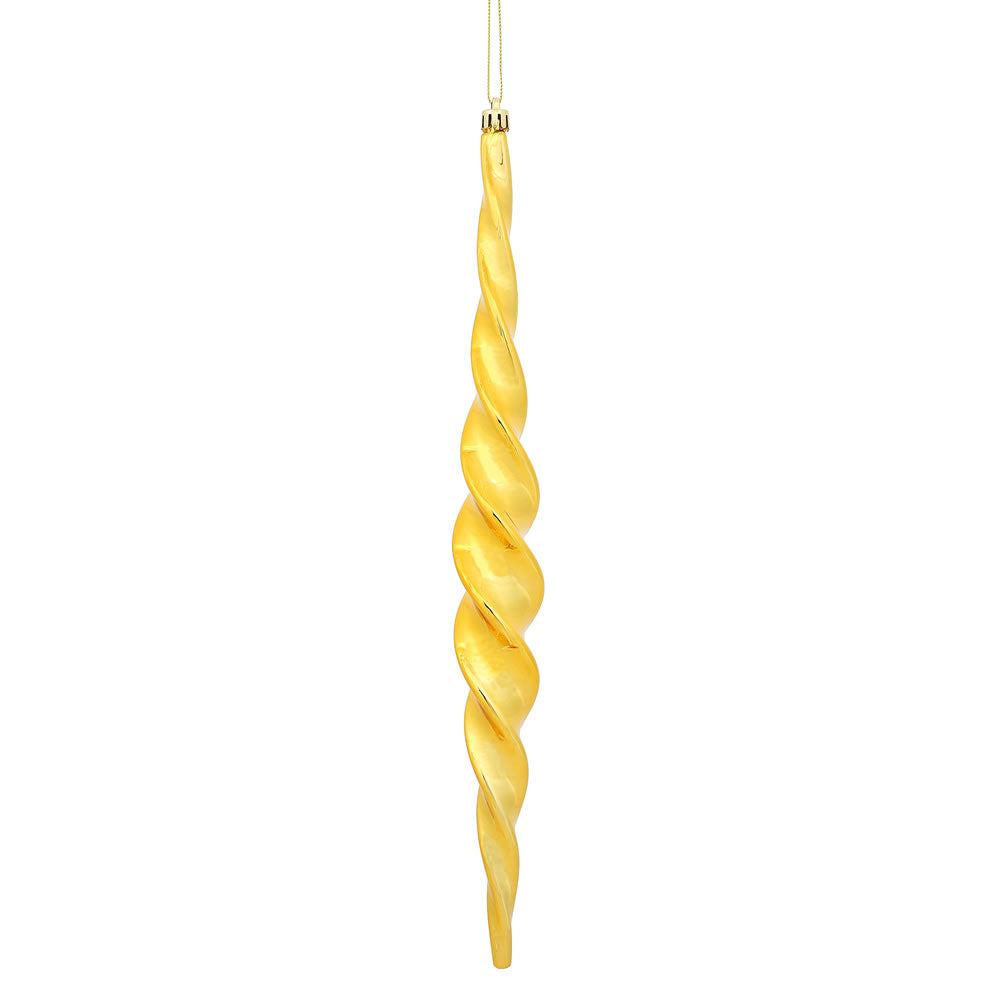 Vickerman 14.6" Honey Gold Shiny Spiral Icicle Ornament with drilled and wired caps. Comes 2 per Box.