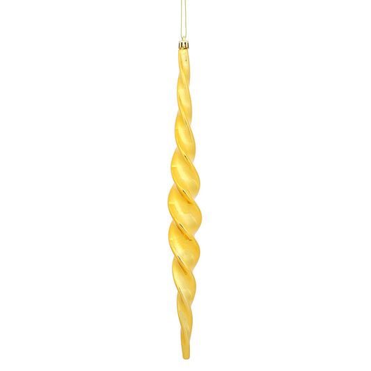 Vickerman 14.6" Honey Gold Shiny Spiral Icicle Ornament with drilled and wired caps. Comes 2 per Box.