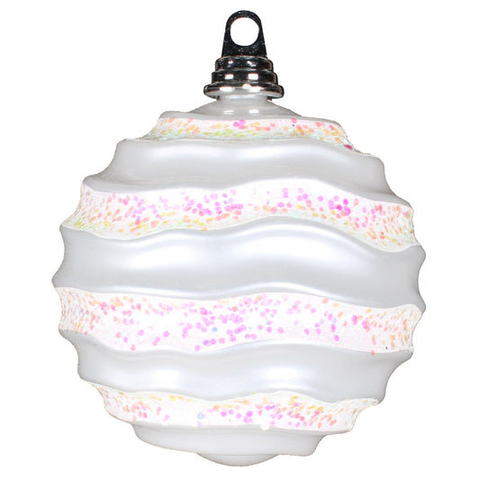 Vickerman 6" White Stripe Candy Finish Wave Ball Christmas Ornament with Glitter Accents