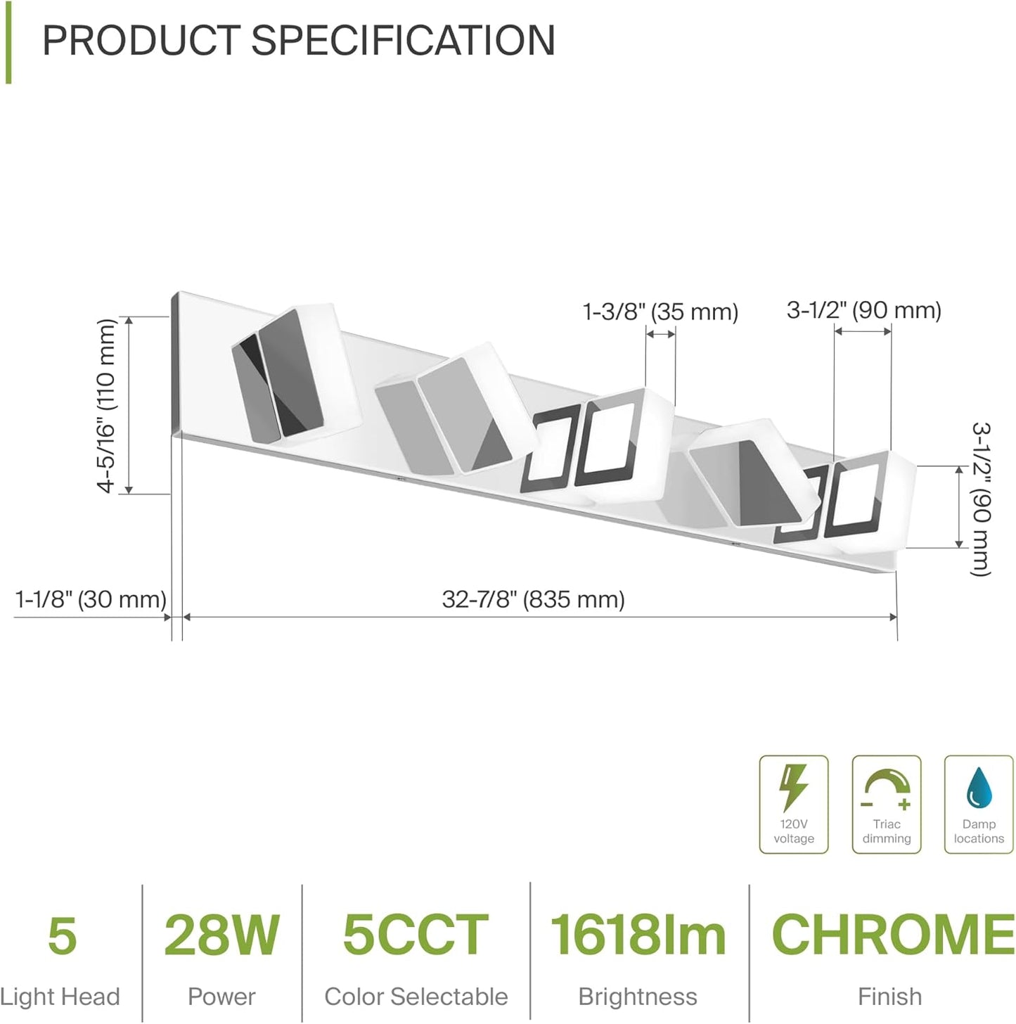 ASD Lighting LED Vanity 5-light 28W 120V with rotatable heads CCT Selectable 2700/3000/4000/5000/6000K Dimmable Chrome ETL
