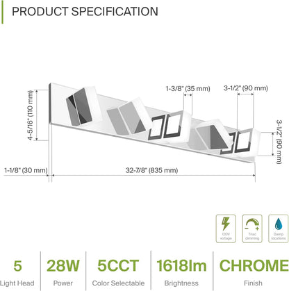 ASD Lighting LED Vanity 5-light 28W 120V with rotatable heads CCT Selectable 2700/3000/4000/5000/6000K Dimmable Chrome ETL
