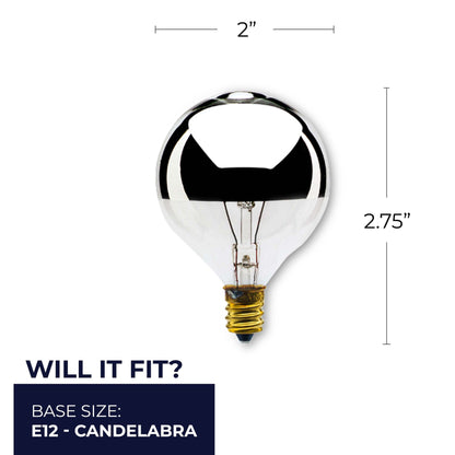 BULBRITE INCANDESCENT G16.5 CANDELABRA SCREW (E12) 40W DIMMABLE LIGHT BULB 2700K/WARM WHITE HALF MIRROR 25PK (712314)