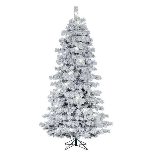 Vickerman 5.5' x 38" Flocked Slim Alaskan Artificial Pre-Lit Christmas Tree with 28 Pure White G40 and 350 Pure White LED Mini Lights, 548 Flocked Realistic PVC Tips, 6' Step On/Off Power Cord and Folding Metal Tree Stand. Assembly is required.