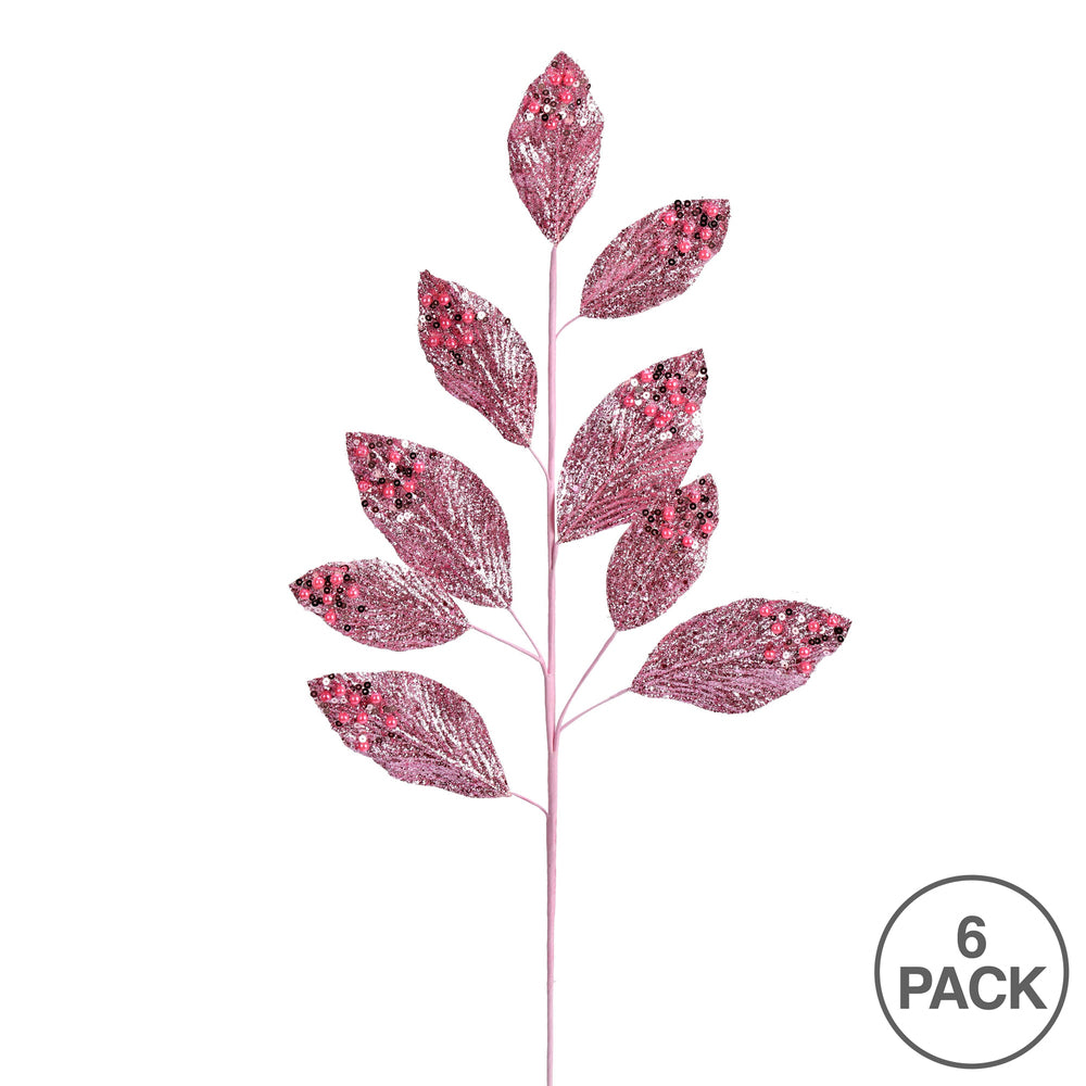 Vickerman 29" Pink Glitter Leaf Artificial Christmas Spray. Includes 6 sprays per pack.