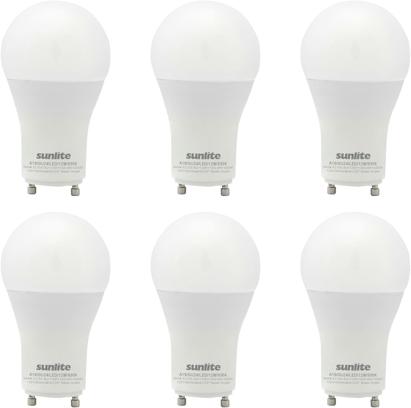 Sunlite 82100 LED A19 Light Bulb, 12 Watts (75 Watts Equivalent), 1100 Lumens, 120 Volts, Dimmable, GU24 Base, 90 CRI, Title-24 Compliant, UL Listed, 3000K Warm White, 6 Pack