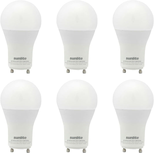 Sunlite 82100 LED A19 Light Bulb, 12 Watts (75 Watts Equivalent), 1100 Lumens, 120 Volts, Dimmable, GU24 Base, 90 CRI, Title-24 Compliant, UL Listed, 3000K Warm White, 6 Pack