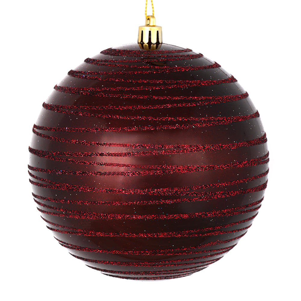 Vickerman 4" Burgundy Candy Finish Ball Ornament with Glitter Lines 4 per Bag