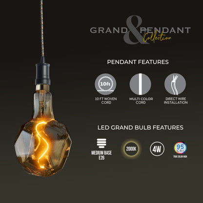 Bulbrite LED Grand Bulb and Pendant Kit of (1) 4 Watt Antique Glass 12" Jewel Shaped Bulb and (1) Black Open Socket Pendant on Multicolor Fabric Braided Cord - 2000K (Amber Light)