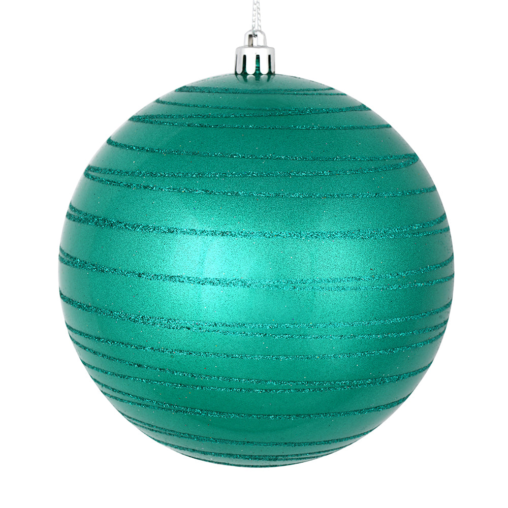 Vickerman 4.75" Teal Candy Finish Ball Ornament with Glitter Lines 4 per Bag