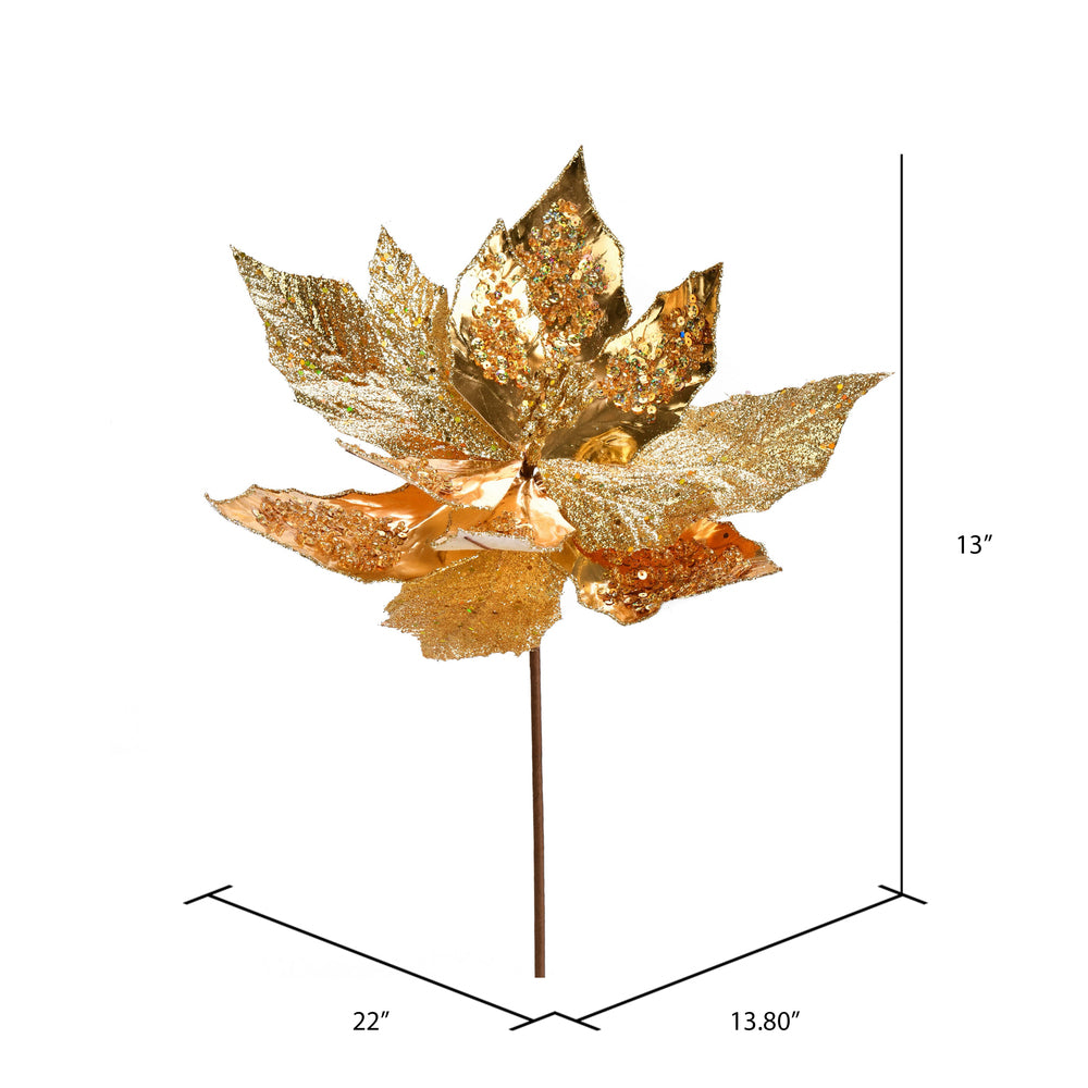 Vickerman 13" x 22" Gold Poinsettia Sequin Artificial Christmas Spray. Includes 6 sprays per pack.