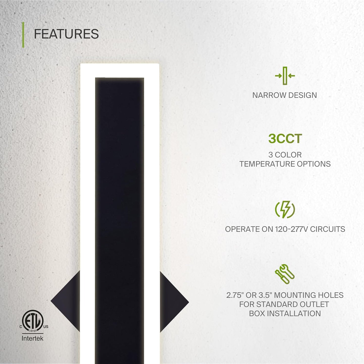 ASD Lighting LED Outdoor Wall Sconce Narrow design 18" 18W 120-277V CCT Selectable 3000/4000/5000K Dimmable Black ETL