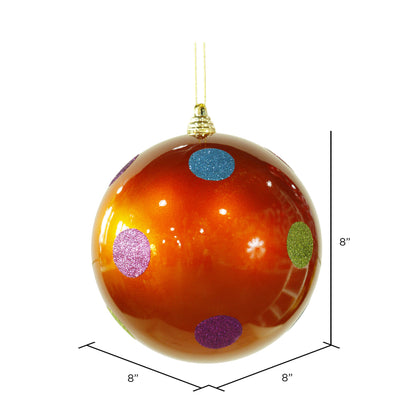 Vickerman 8" Orange Candy Finish Ball Christmas Ornament with Multi-Colored Polka Dots