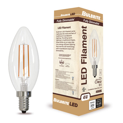 Bulbrite 776930 4W LED B11 4000K FILAMENT E12 FULLY COMPATIBLE DIMMING JA8