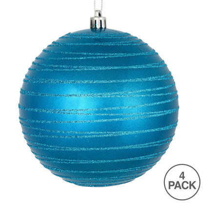 Vickerman 4.75" Turquoise Candy Finish Ball Ornament with Glitter Lines 4 per Bag