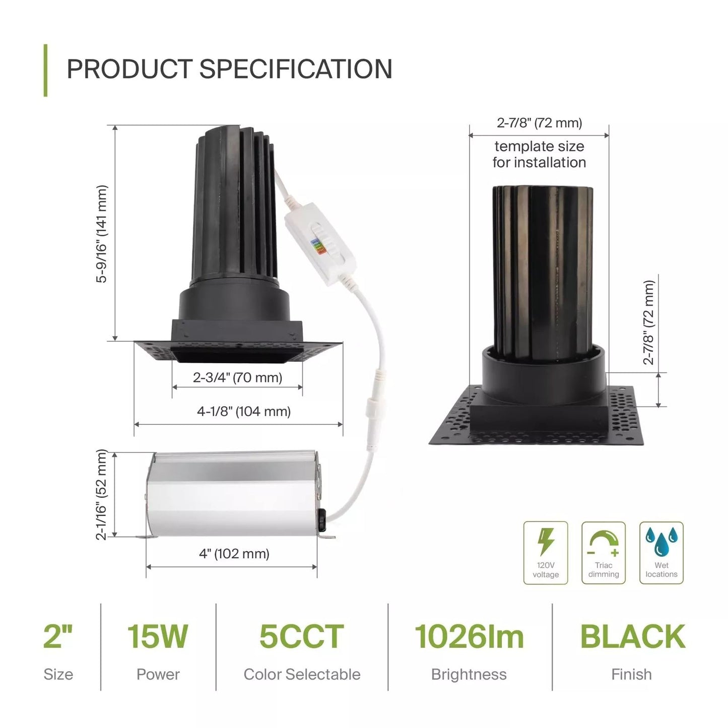 ASD Lighting LED Trimless Downlight Square 2inch 15W 120V Triac 2700/3000/3500/4000/5000K Black ETL Energy Star