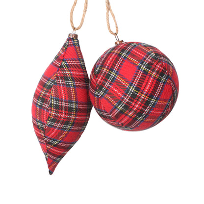 Vickerman Red and Black Plaid Cloth Assorted Christmas Ornaments 4" Ball and 7" Finial includes 4 pieces per bag.