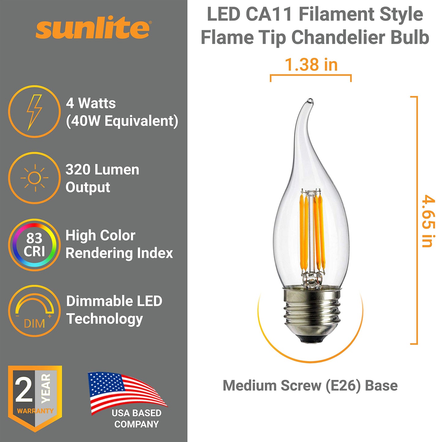 Sunlite 80449 LED Filament CA11 Flame Tip Chandelier Light Bulb, 4 Watts (40W Equivalent), Medium E26 Base, Dimmable, Edison Style, 6 Pack 1800K Candle-Light
