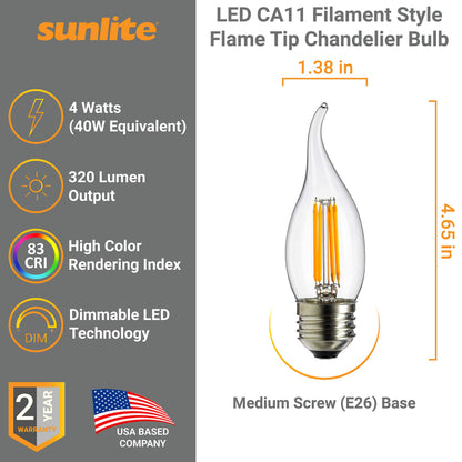 Sunlite 80449 LED Filament CA11 Flame Tip Chandelier Light Bulb, 4 Watts (40W Equivalent), Medium E26 Base, Dimmable, Edison Style, 6 Pack 1800K Candle-Light