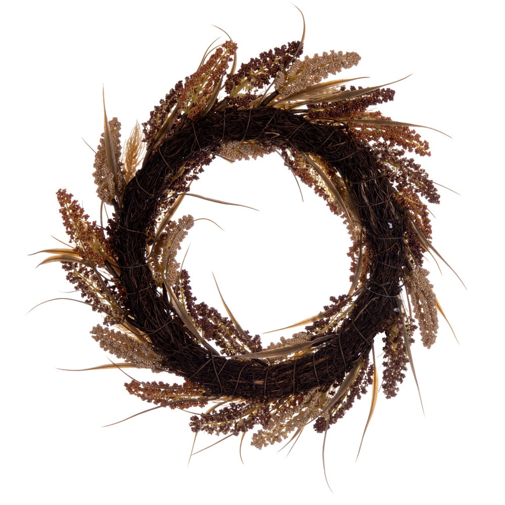 Vickerman Artificial 20" Brown Ivory Corn Wreath. Features brown grass and a circular grapevine base.