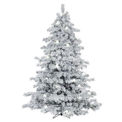 Vickerman 7.5' x 68" Flocked Alaskan Artificial Pre-Lit Christmas Tree with 49 Pure White G40 and 800 Pure White LED Mini Lights, 1505 Flocked Realistic PVC Tips, 6' Step On/Off Power Cord and Folding Metal Tree Stand. Assembly is required.