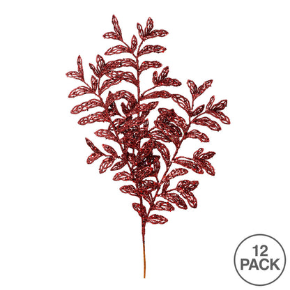Vickerman 22" Burgundy Bipinnate Glitter Leaf Artificial Christmas Spray. Includes 12 sprays per pack.