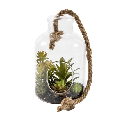 Vickerman 9" Artificial Green Assorted Succulents in Glass Jar.