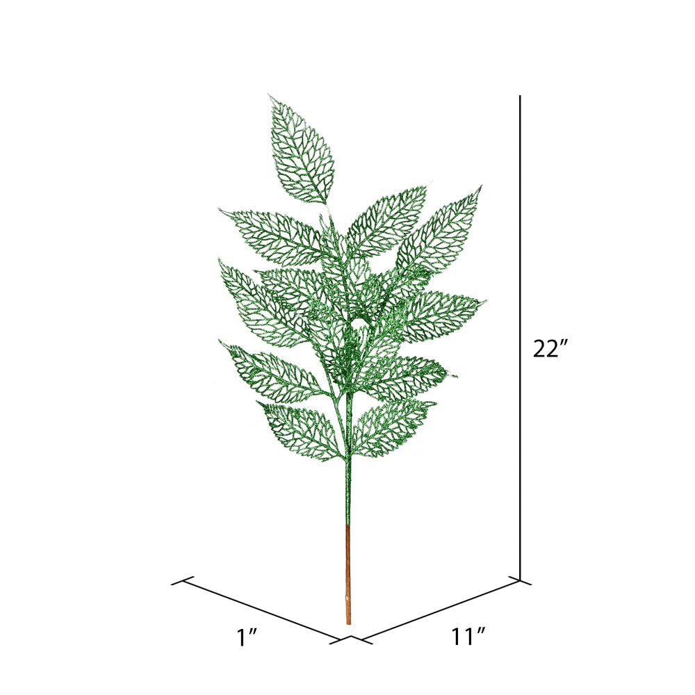 Vickerman 27" Green Glitter Bay Leaf Lace Artificial Christmas Spray. Includes 12 sprays per pack.