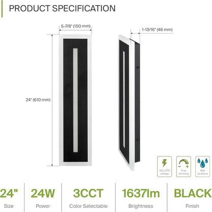 ASD Lighting LED Outdoor Wall Sconce with Center Light 24" 24W 120-277V CCT Selectable 3000/4000/5000K Dimmable Black ETL